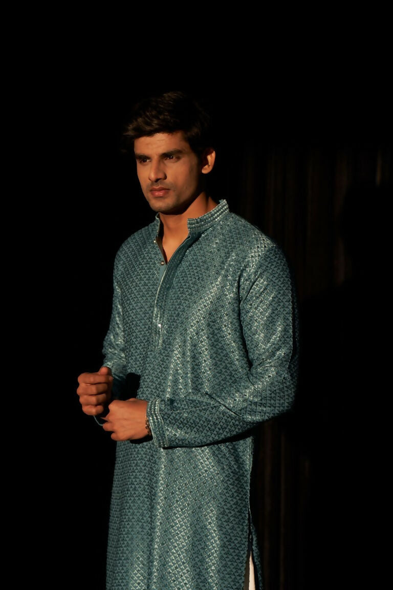 Blue viscose Chikankari Embroidery Work Men's Traditional Kurta Set - Mahotsav