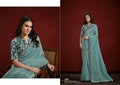 Sea Green Paper Silk Pleat Moti with Handwork Saree with Stitched Blouse - Mohmanthan Aaina
