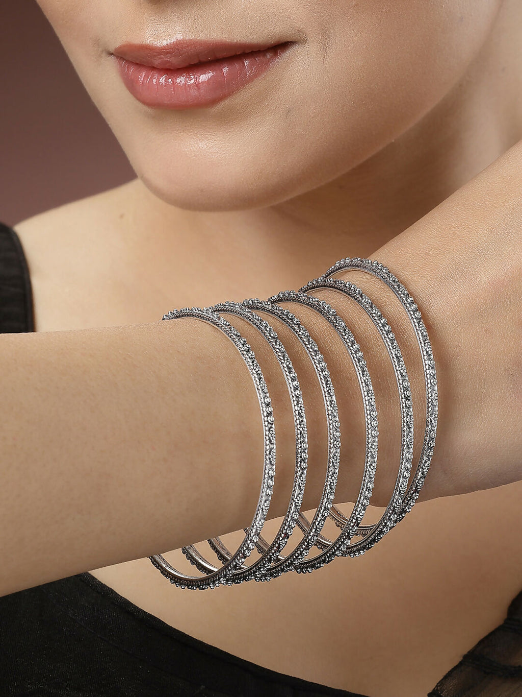NVR Women's Set of 6 Silver-Toned German Silver Oxidised Bangles