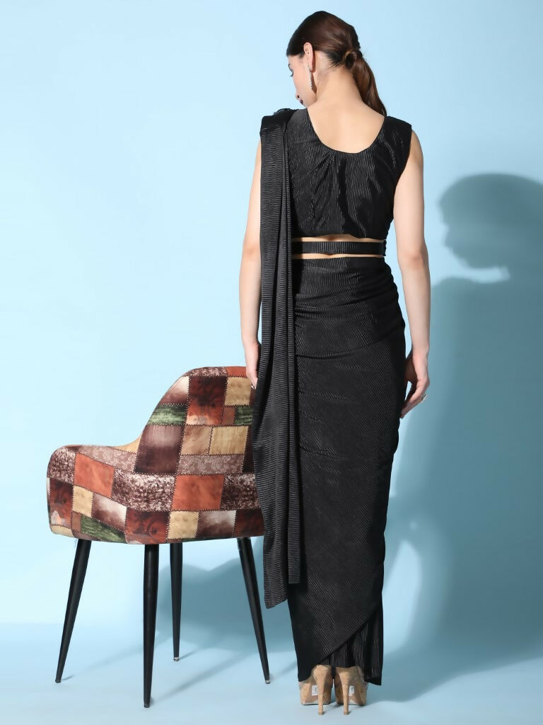 Black Imported Crush Lycra Texture Pattern Ready to Wear Saree with stitched Blouse - Nirvana