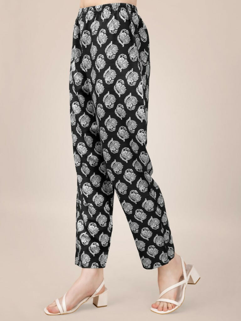 Jyoti Fashion Women's Black Rayon Print with Embroidery & Fancy Lace Work Kurta with Trouser & Dupatta