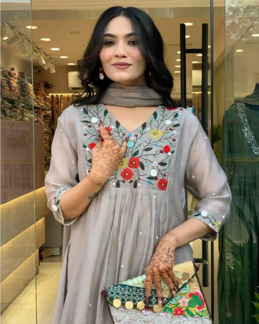 The52 Grey Women's Gorgeous Chinon Viscose Fabric Embroidered Work Straight Kurta Pant and Dupatta Set