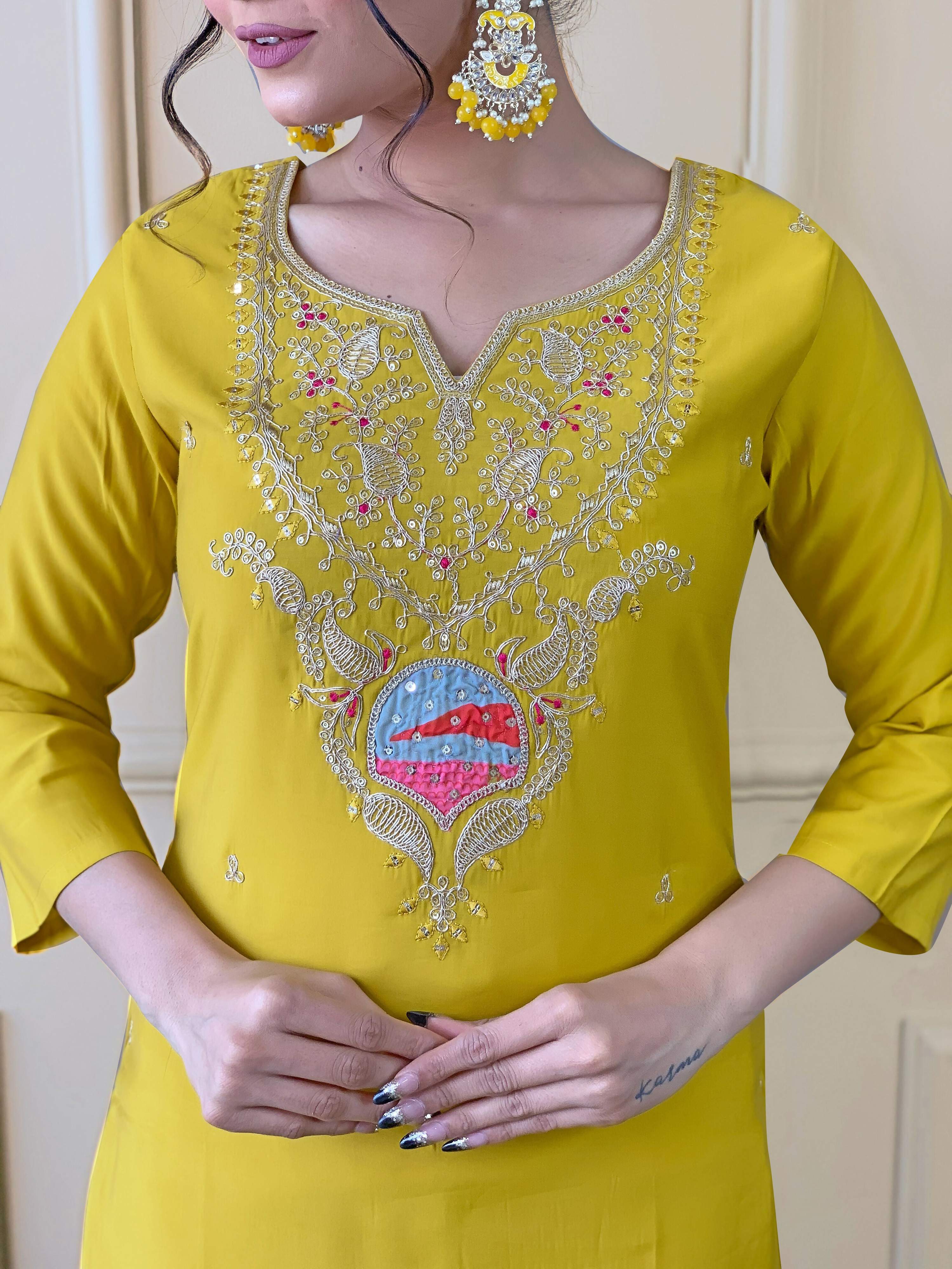 PartywearDesigner Viscose Yellow Stitched Suit With Dupatta - Tanisha