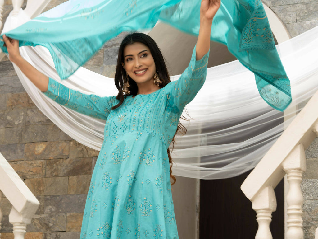 Sky Blue Cotton Cambric Printed with Sequins work Anarkali Kurta with Pant & Dupatta - Akashara