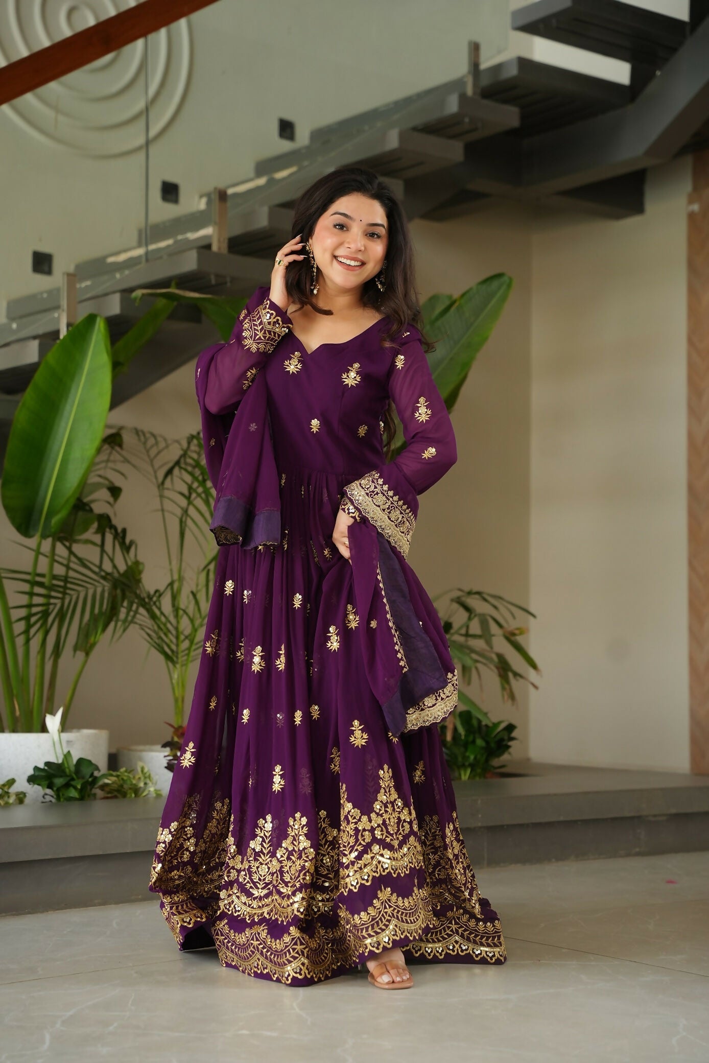 Joban Fashion Purple Georgette Sequence Embroidery Work Kurta Set