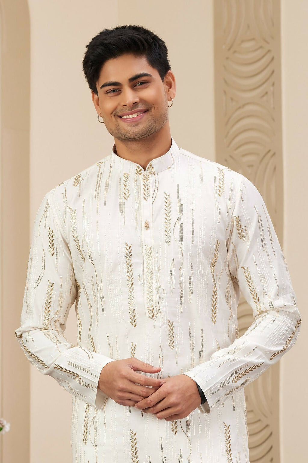 Raivat Ethnic Men's Art Silk Thread Work Kurta Pyjama In Cream Colour