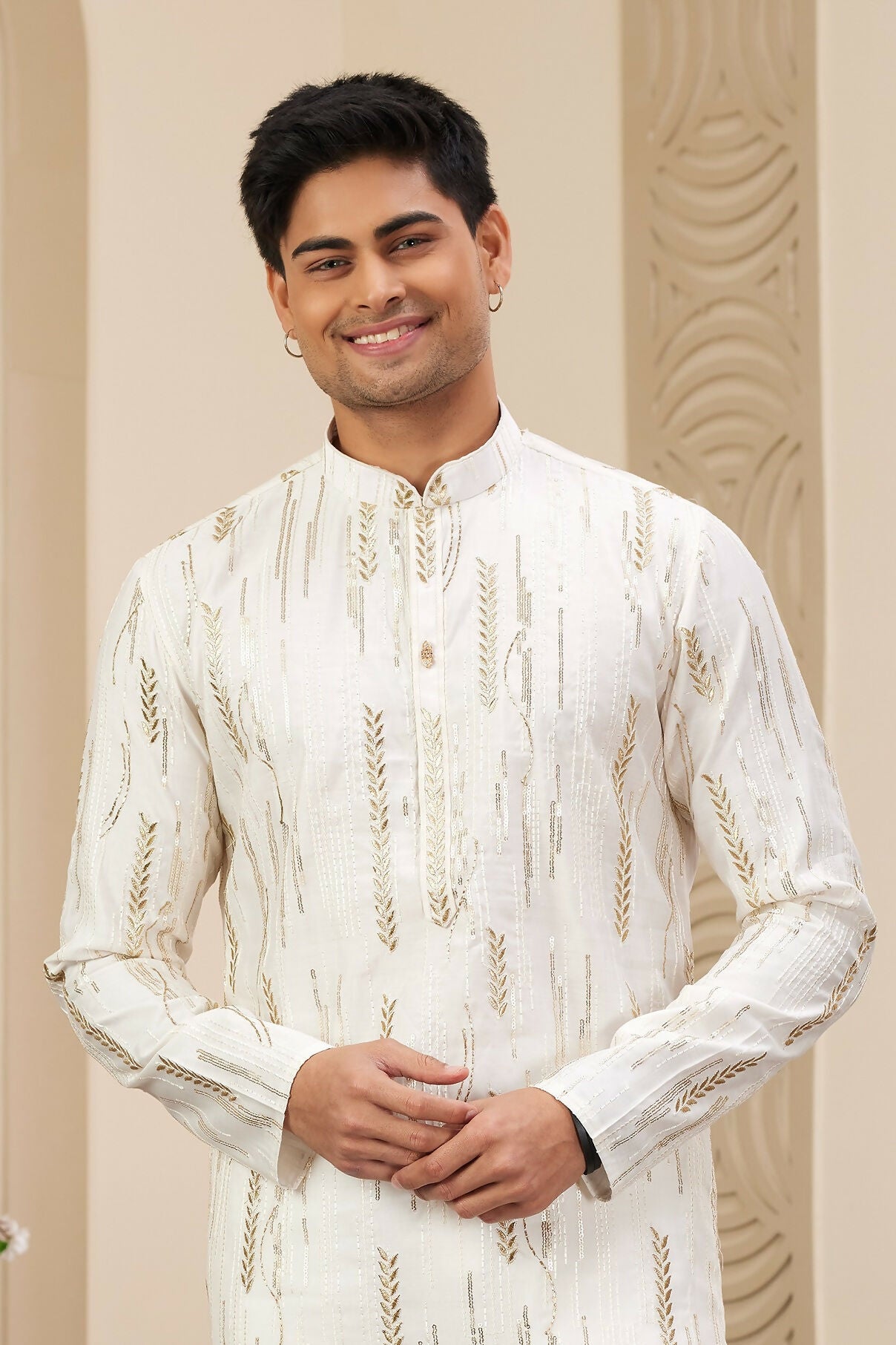 Raivat Ethnic Men's Art Silk Thread Work Kurta Pyjama In Cream Colour