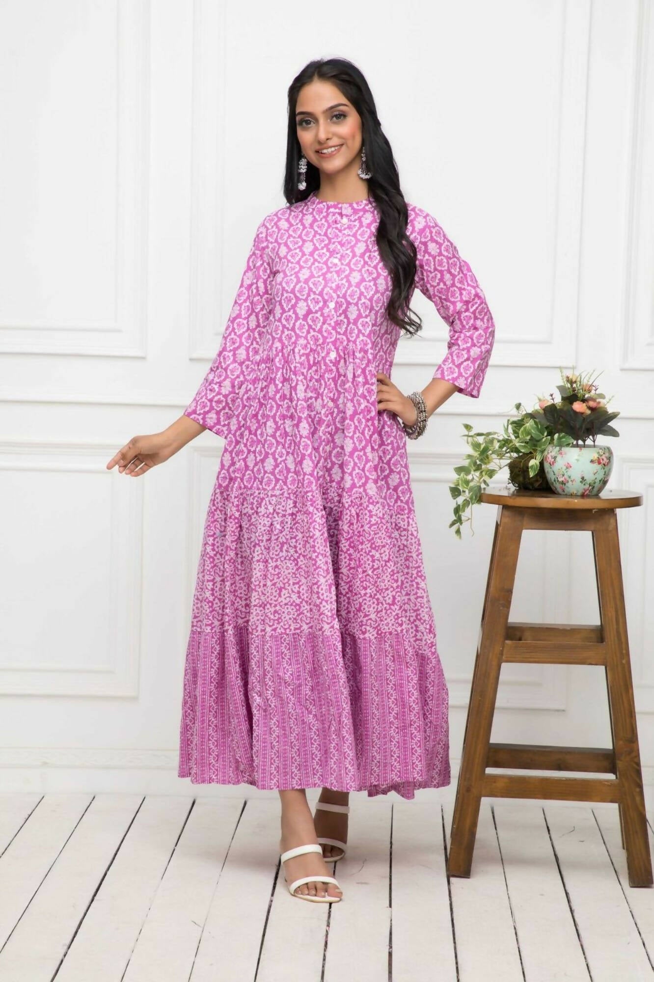 Myshka Women Pink Floral Cotton A-Line Mandarin Collar Long Dress
