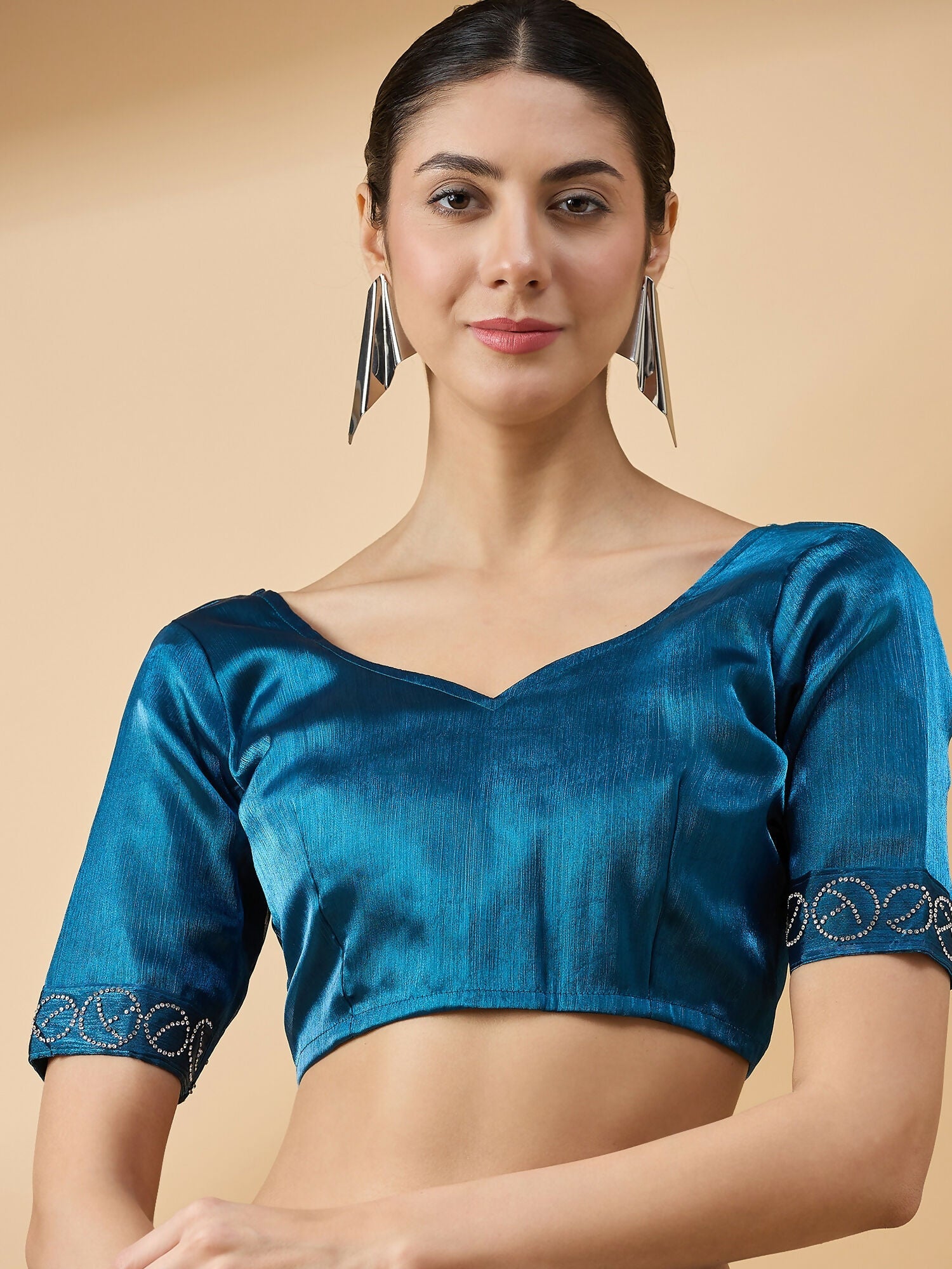 Teal Organza Swaroski Diamond Work Saree with Unstitched Blouse - Radha