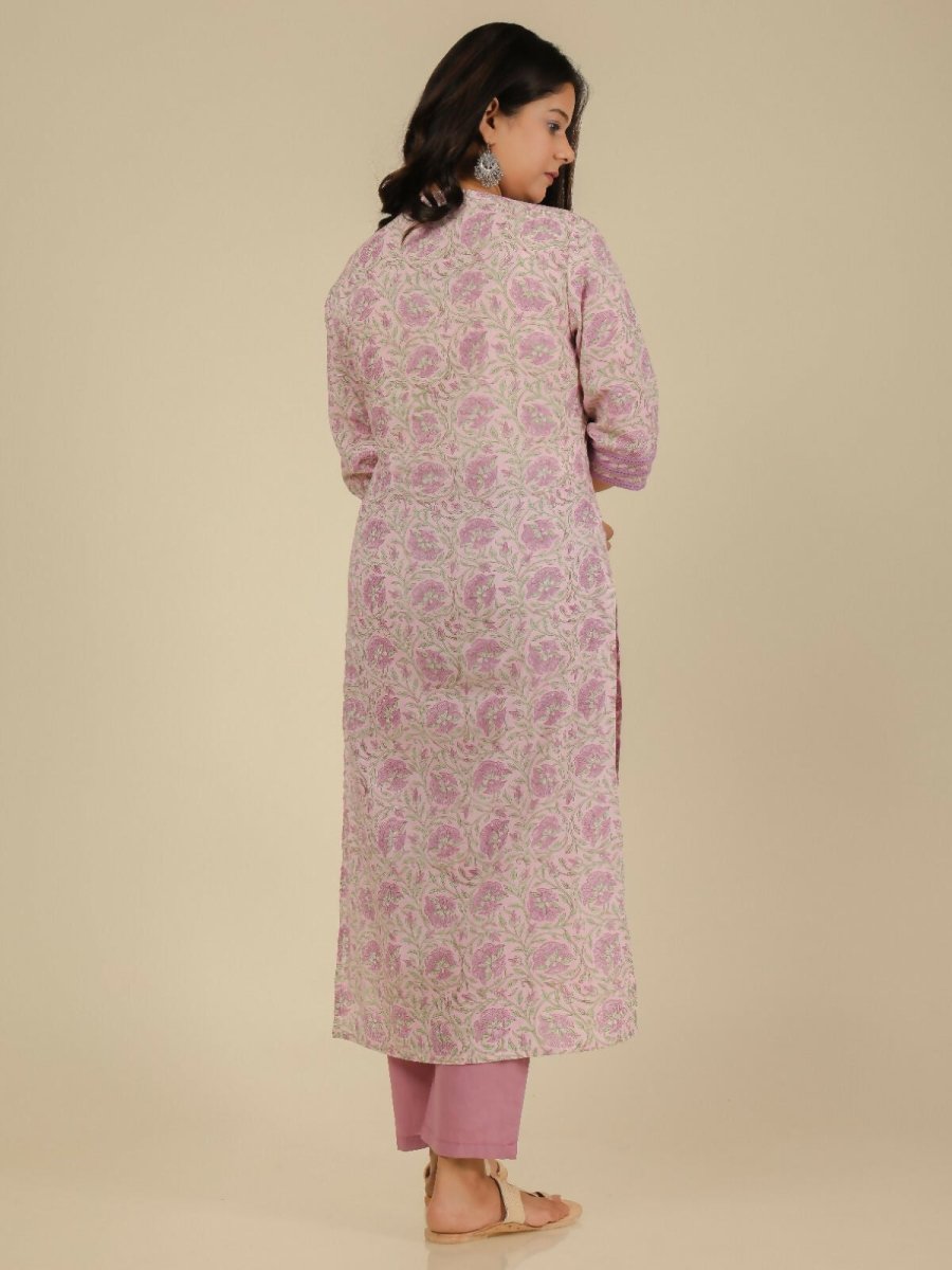 Aramya Pink Soft Cotton Floral Print Straight Kurta Pant Set for Women