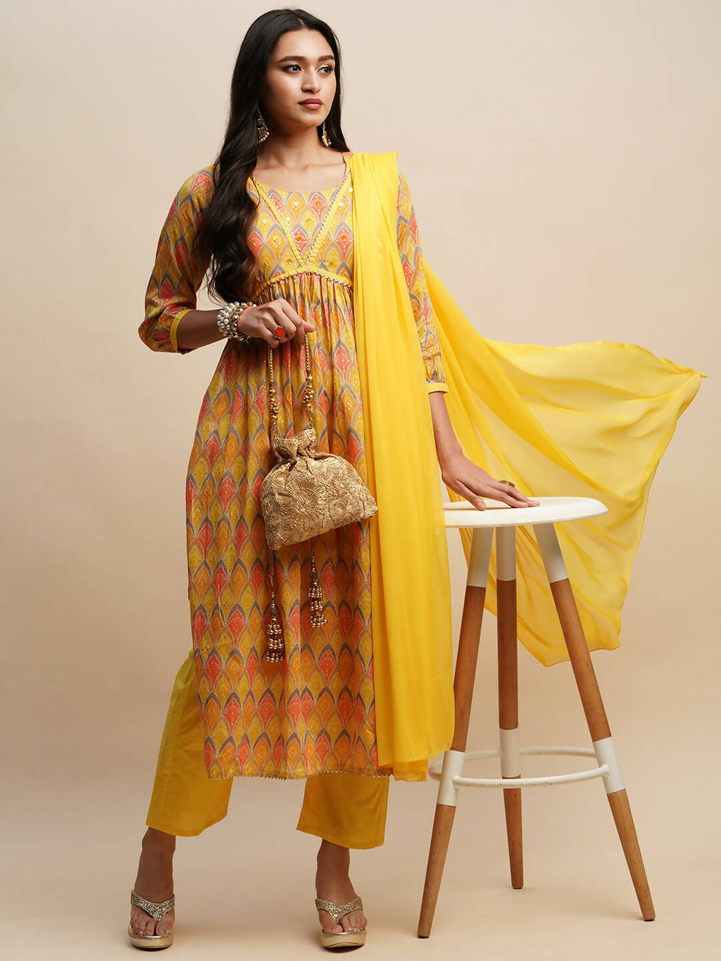 Yellow Pure Cotton Bandhani Printed Naira Cut Kurta And Bottom With Dupatta - Akashara