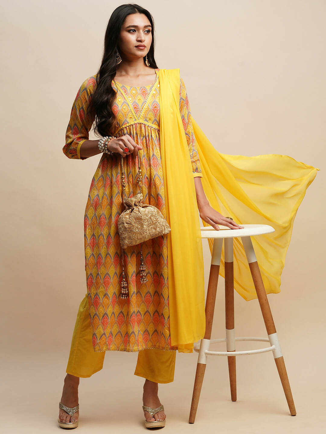 Yellow Pure Cotton Bandhani Printed Naira Cut Kurta And Bottom With Dupatta - Akashara
