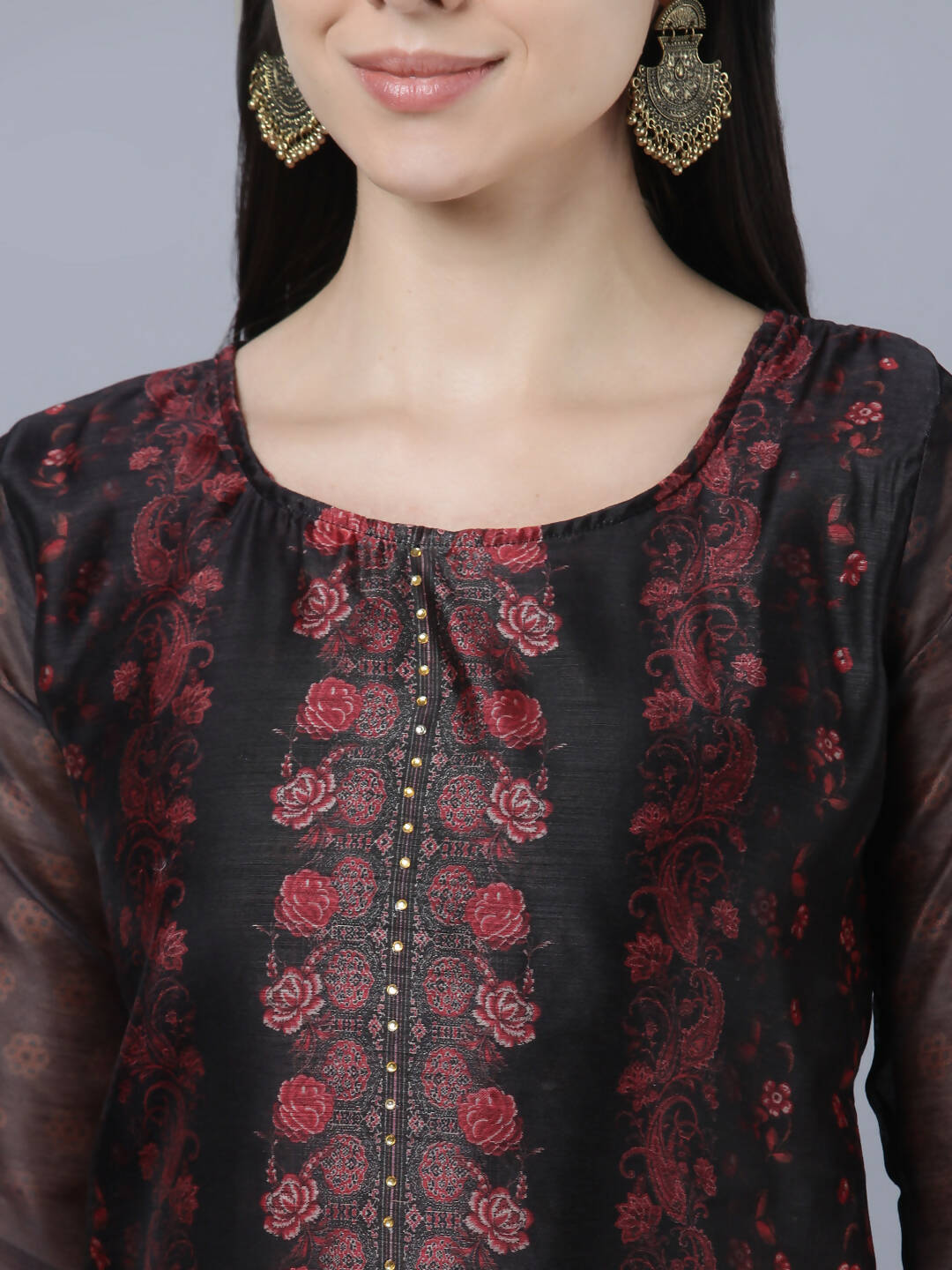 Myshka Women Black Red Floral Printed Chanderi Silk Kurta