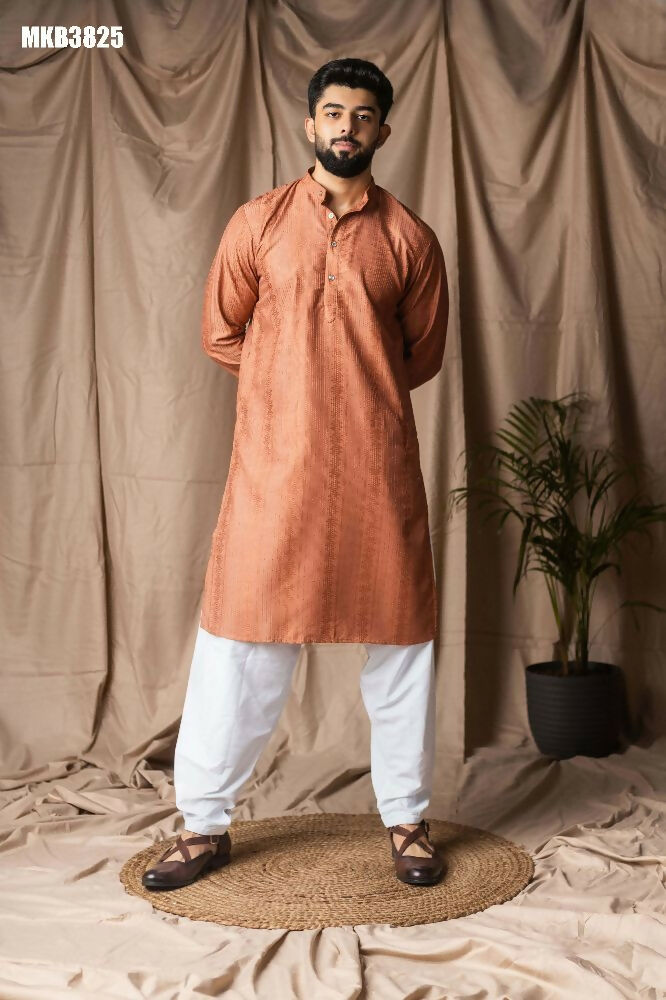Reddish Orange Rayon Thread Embroidery Work Kurta Set - Mahotsav