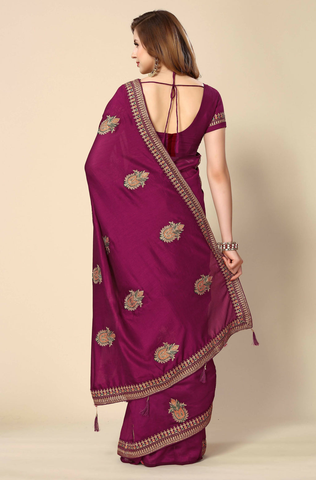 Wine Chinon Embroidered Saree with Unstitched Blouse Piece - Roozal