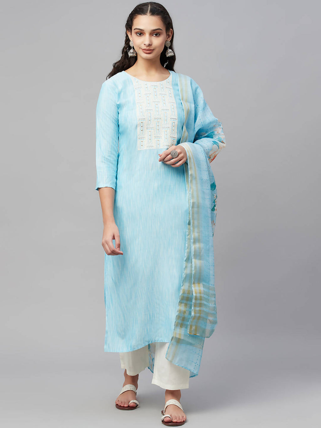Myshka Turquoise Embroidered 3/4 Sleeve Round Neck Kurta Pant Dupatta Set