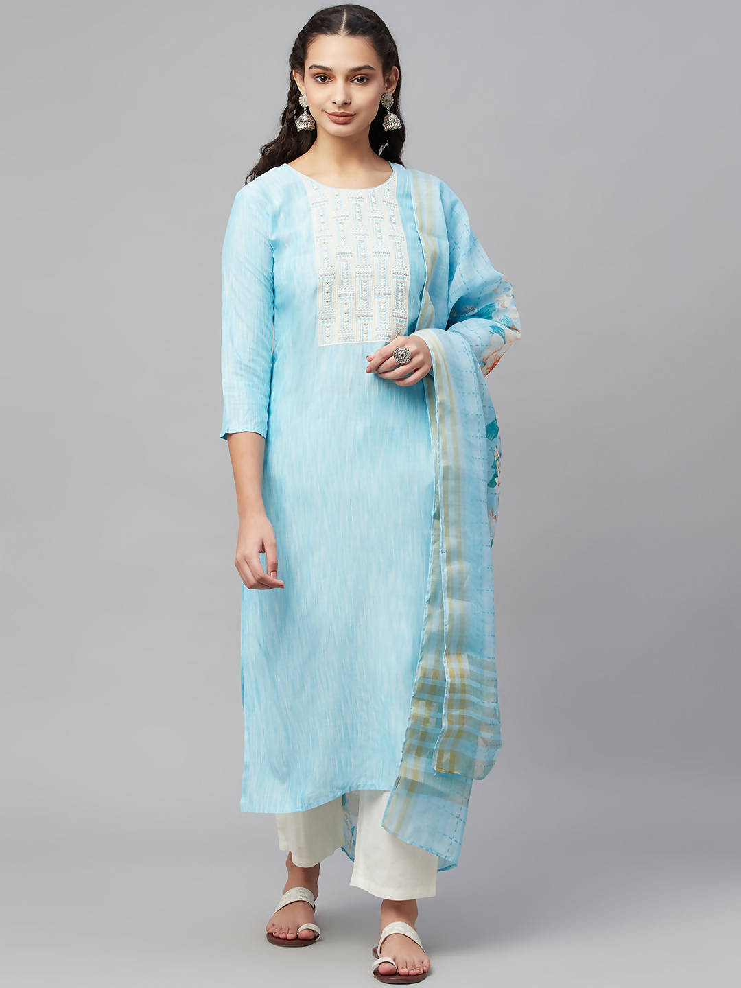 Myshka Turquoise Embroidered 3/4 Sleeve Round Neck Kurta Pant Dupatta Set