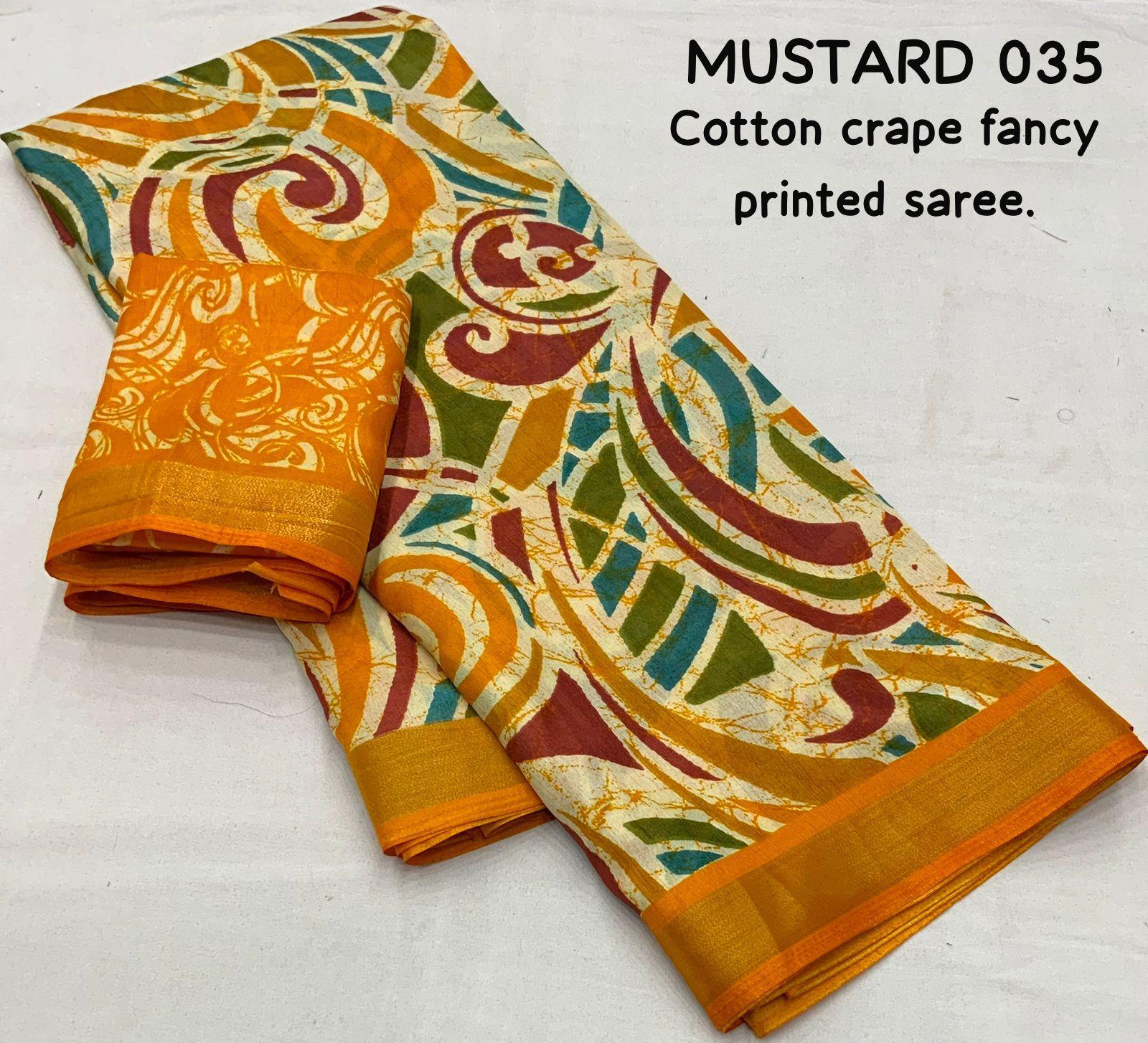 Mustard Cotton Crepe Batik Print Saree with Unstitched Blouse - Hiral Fashion