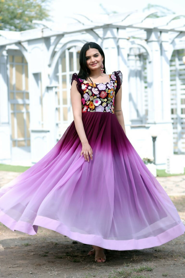 Jyoti Fashion Women's Wine Sequins Embroidery Faux Blooming Anarkali Dress