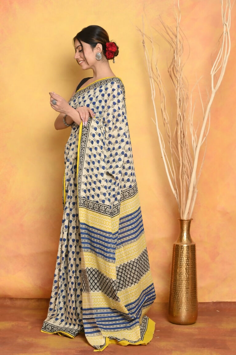 Very Much Indian Handblock Printed Cotton Saree With Natural Dyes - White