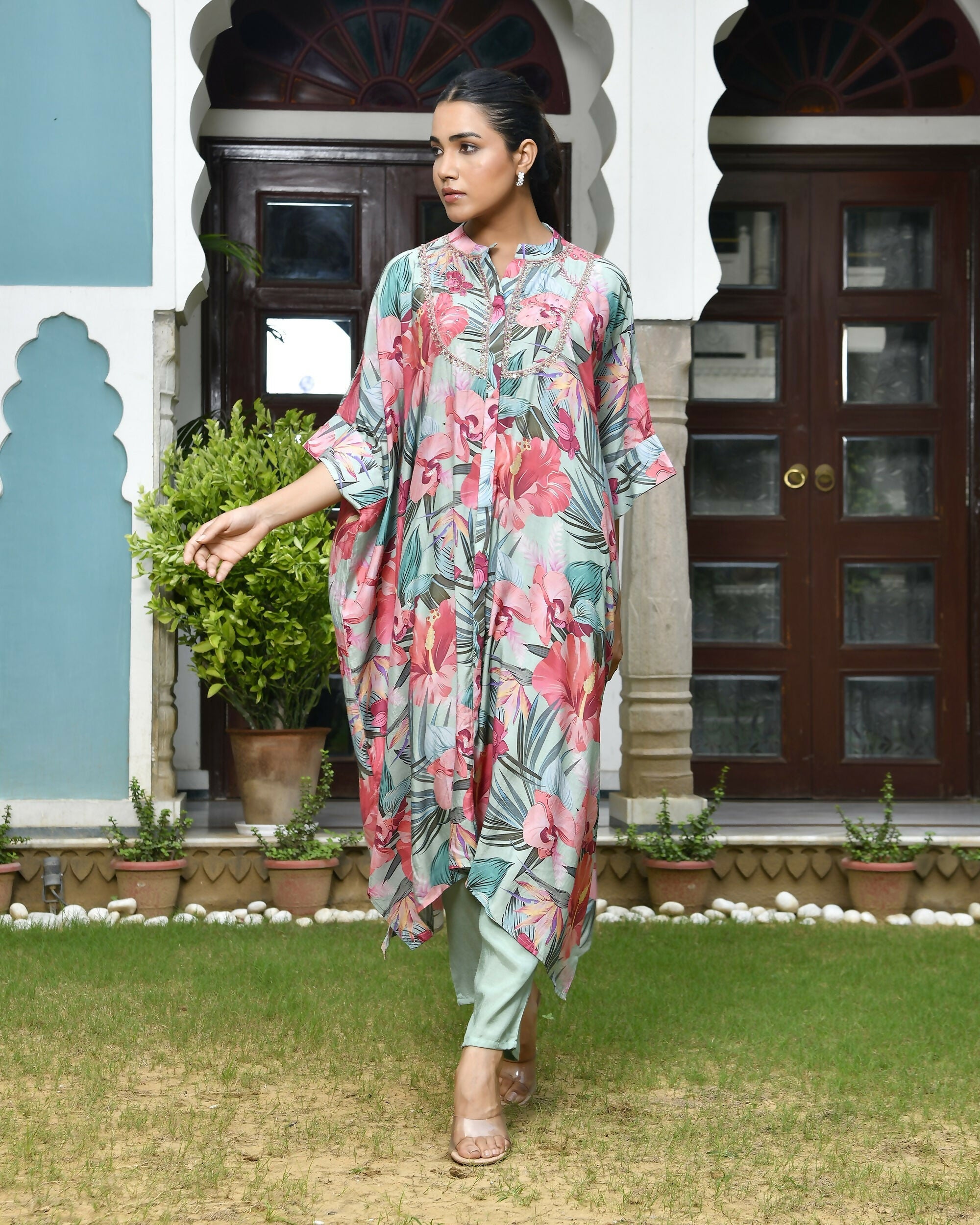 Vaasva Women's Aqua Musline Viscose Digital Printed Kaftan Pant Set