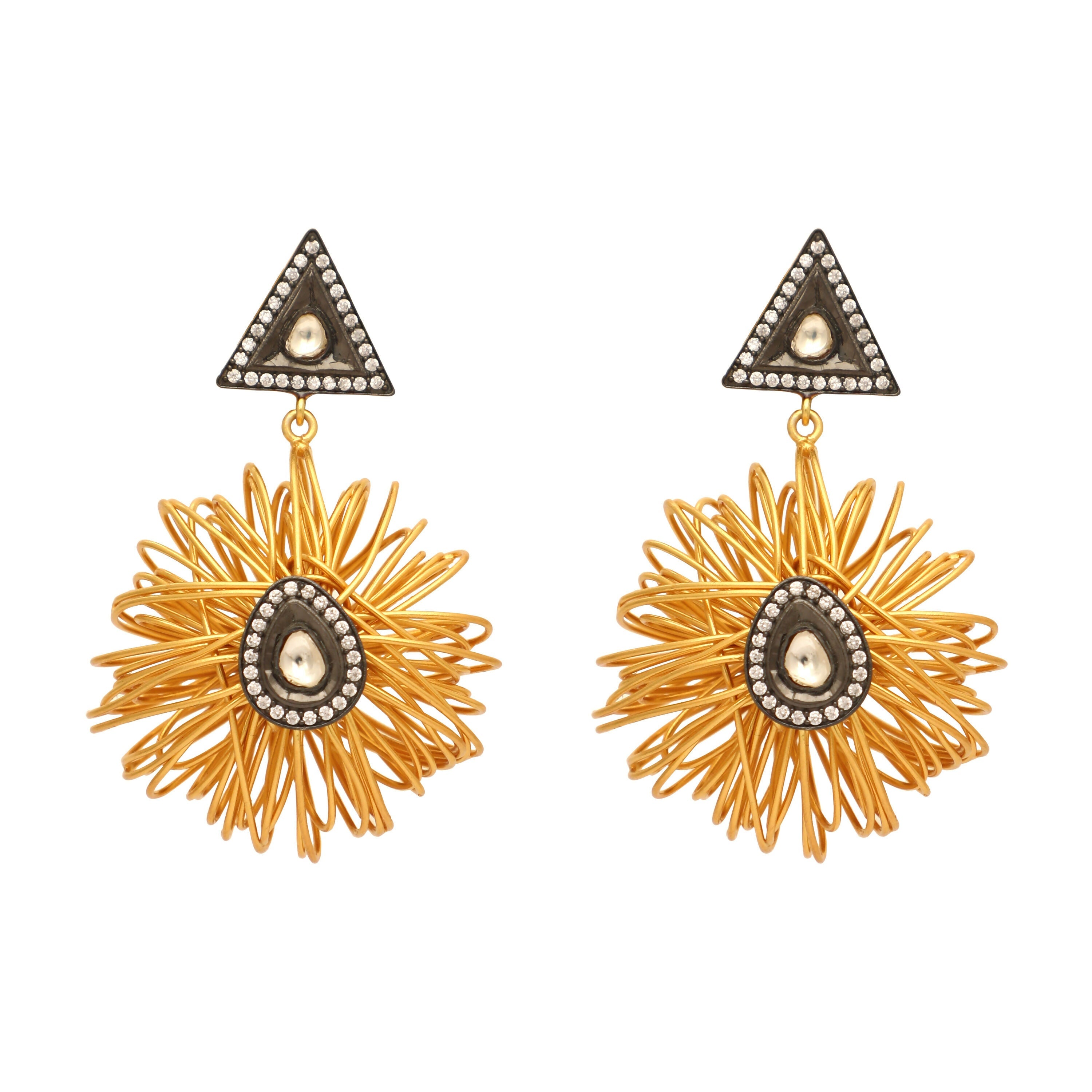 Nuyug 18K Gold-Plated Stones & American Diamond Studded Contemporary Wire Drop Earrings
