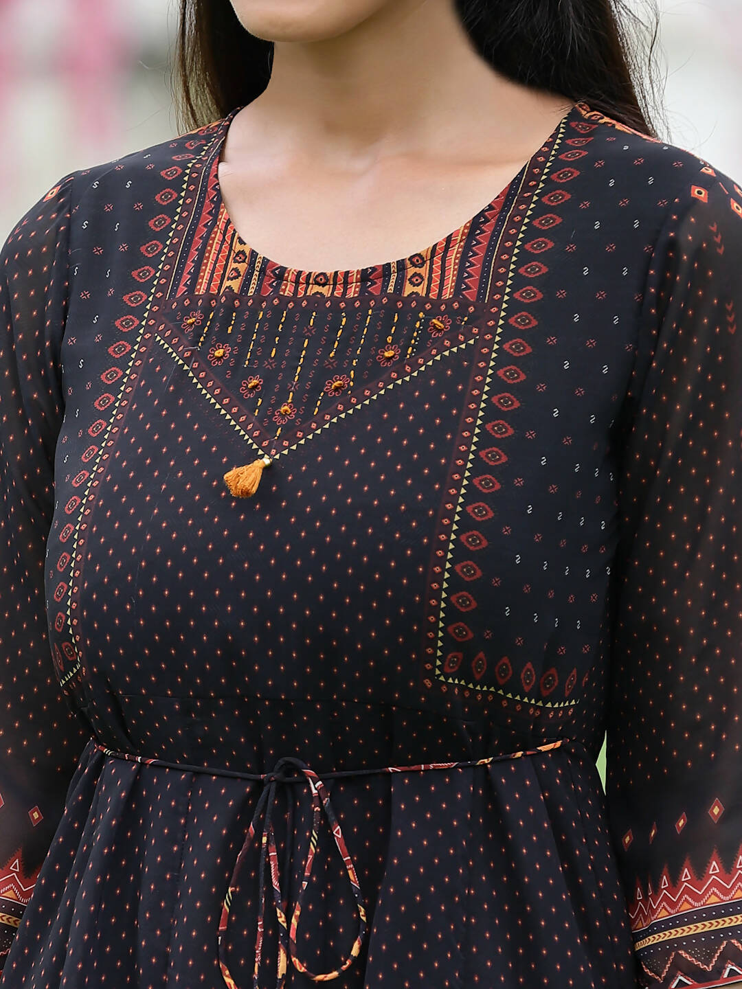 Juniper Black Georgette Festive Printed A-Line Dress For Women