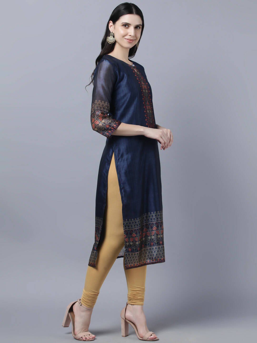 Myshka Women Navy Blue Ethnic Motifs Printed Keyhole Neck Chanderi Silk Kurta