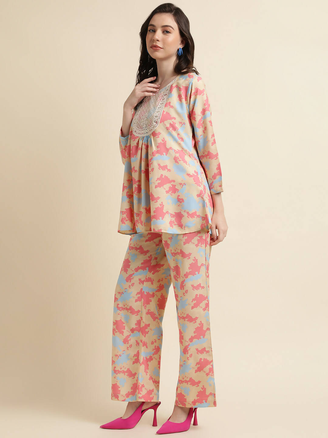 Beige & Pink Poly Crepe Digital Printed Top with Matching Bottom - Preeti