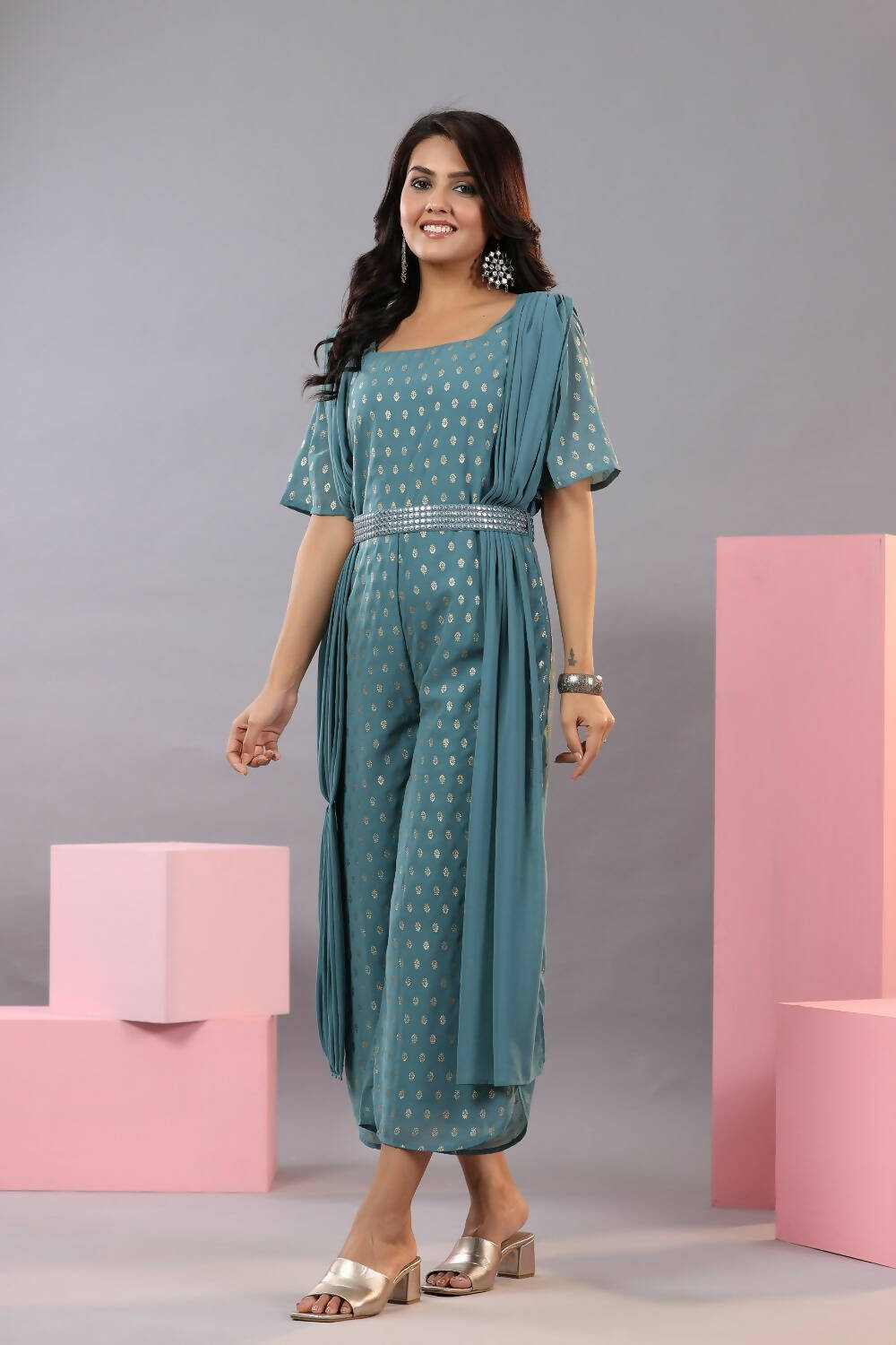 Juniper Women Teal Georgette Foil Printed Draped Jumpsuit
