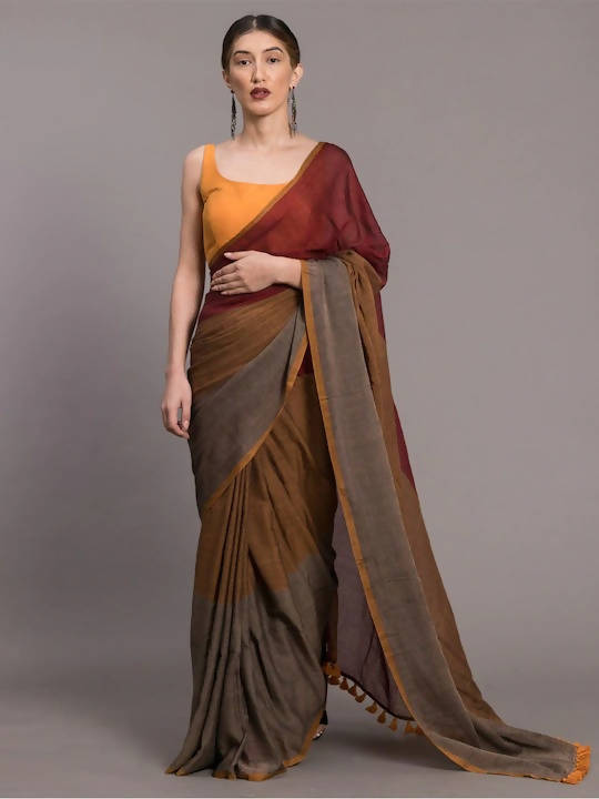 Suta Grey Maroon Colourblocked Pure Cotton Saree