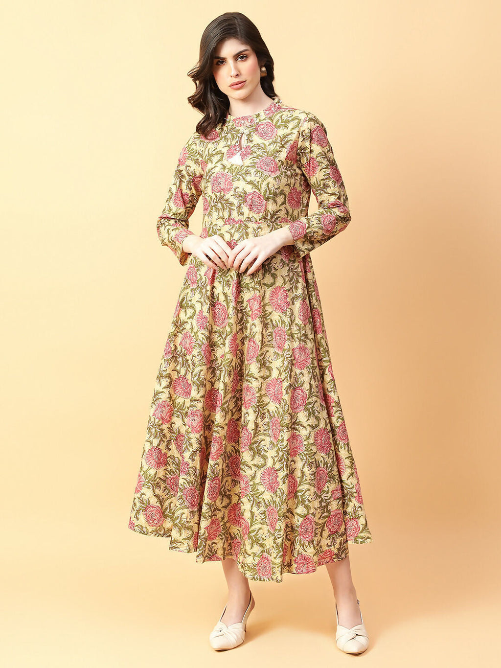 Joban Fashion Beige Cotton Printed & Hand Work Dress