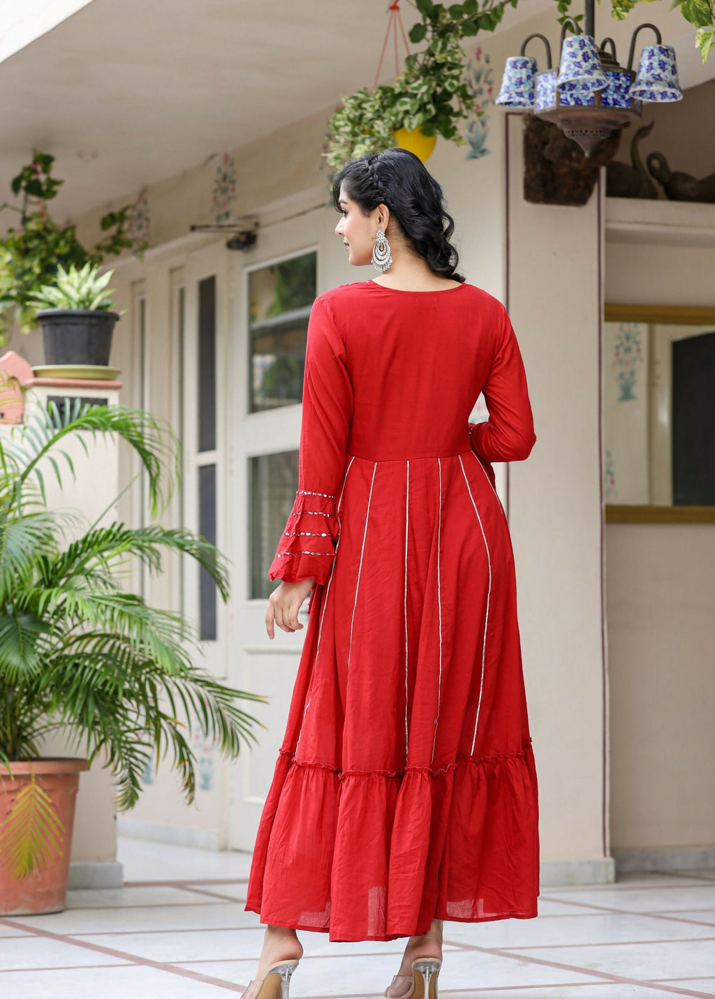 Kaajh Women's Red Mirror Embroidered Cotton Ethnic Dress