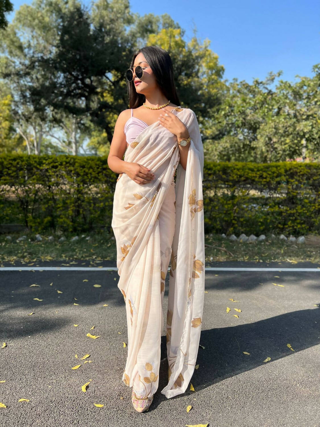 Vamsee Cream Chiffon Designer Saree