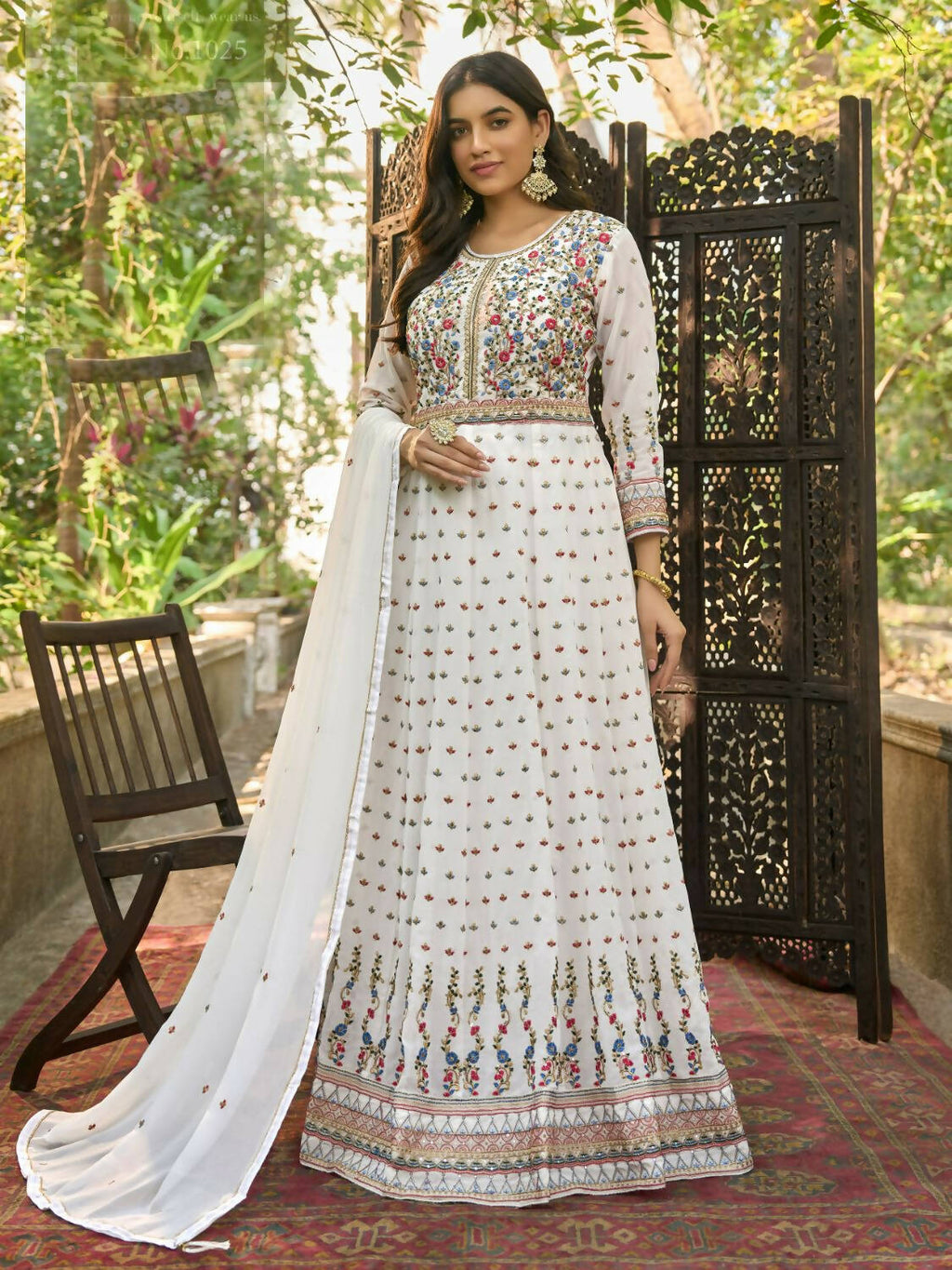 White Heavy Faux Georgette Anarkali Embroidered Kurta Set - Dhvani
