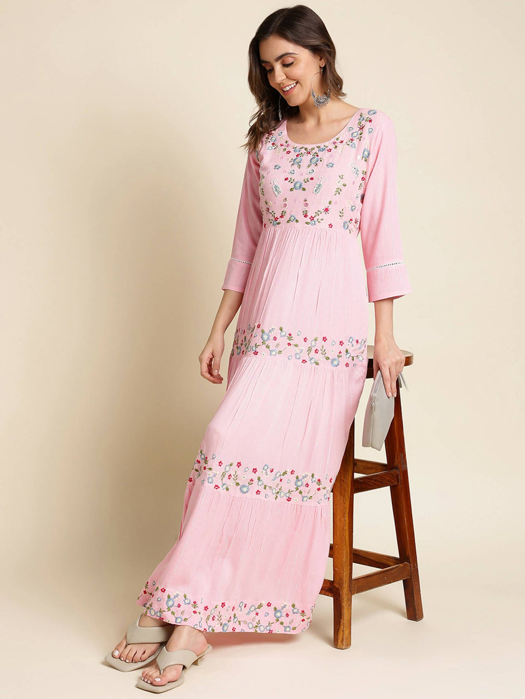 Pink Chinon Floral Embroidered Dress - Nandani