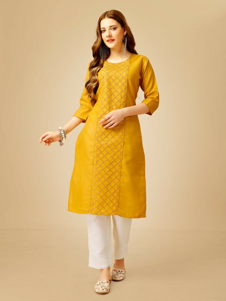 Jyoti Fashion Women's Yellow Cotton Blend Embroidered Kurta Pant Set