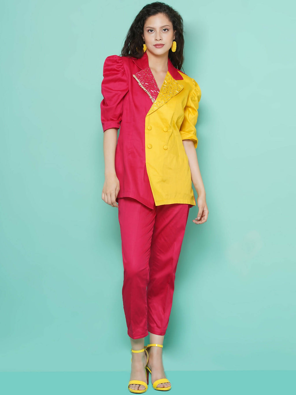 Women Republic Pink And Yellow Cotton Silk hand Embellished Coord set with Pouch