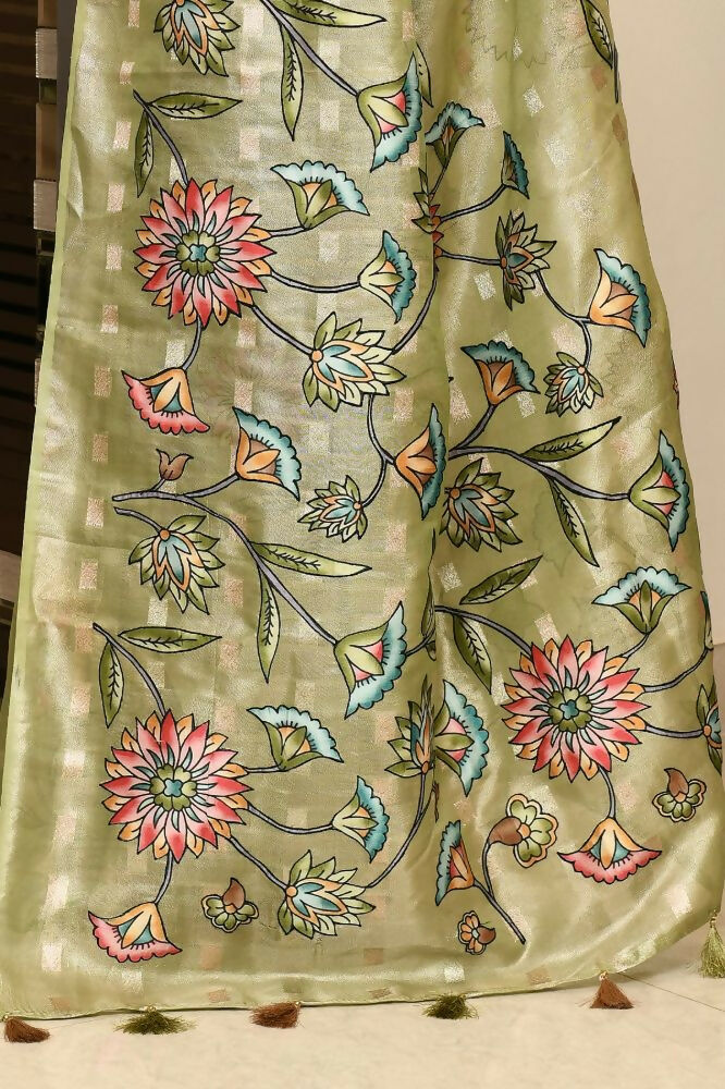 Joban Fashion Green Saree Tissue Zari Buti Allover Applick With Contrast Blouse