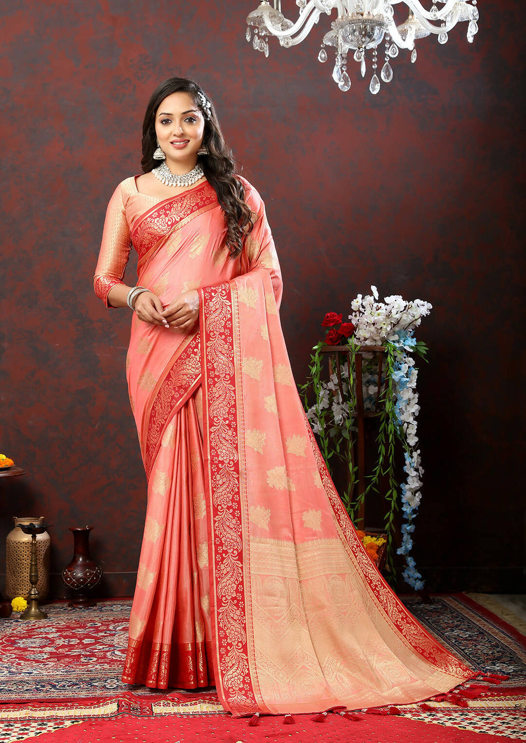 Lorenvalley Fashion Peach Cotton Woven Design with Zari Weaving Design Saree
