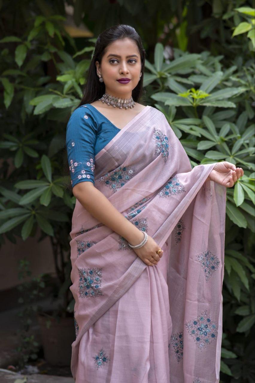 Mine Pure Linen Ethnic Motifs Saree with Unstitched Blouse - Hiral Fashion