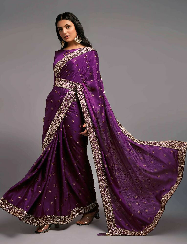 PR Fashion Wine Chinon Embroidery Lace Saree
