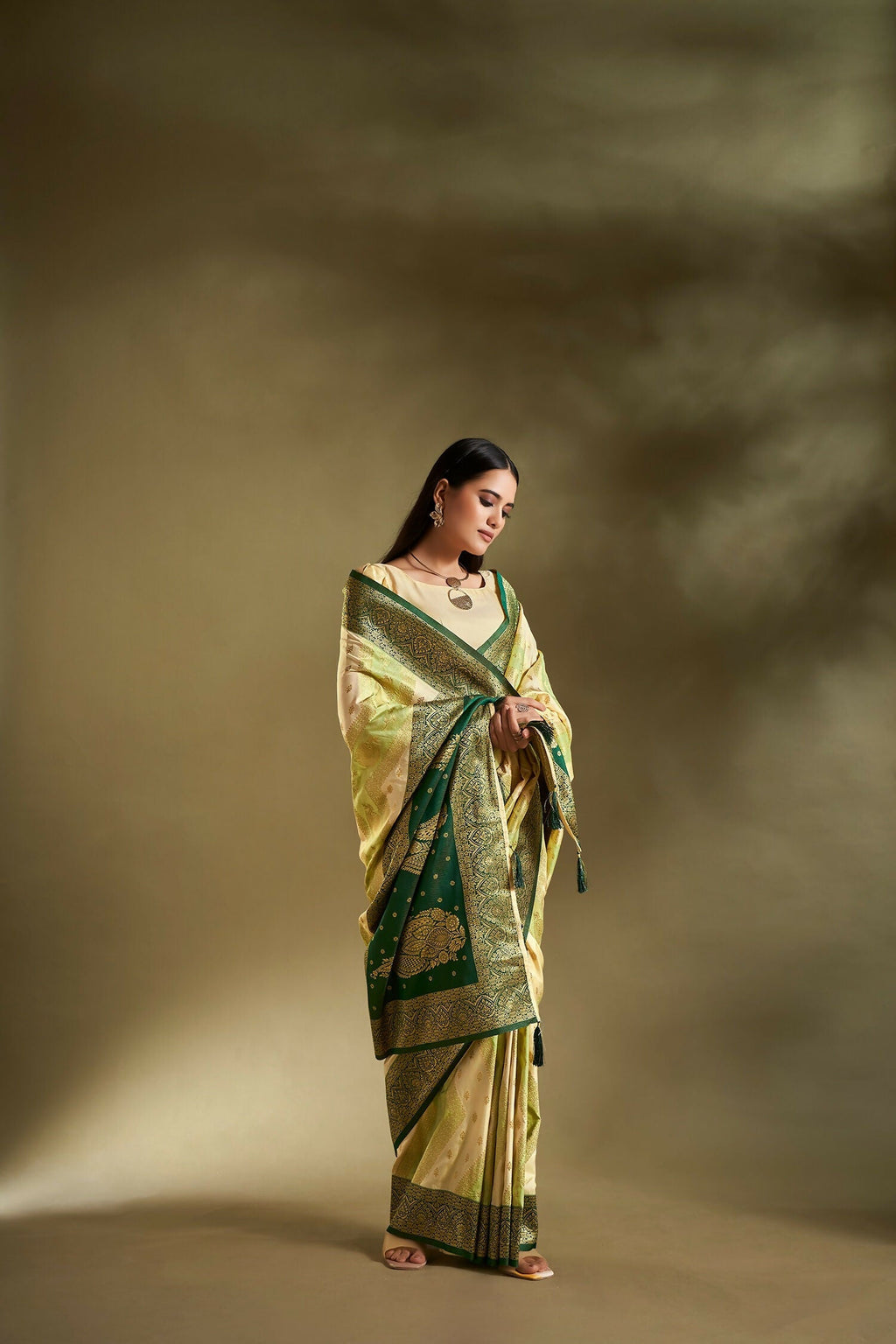 Joban Fashion Cream & Light Green Plain With Weaving Border Banarasi Silk Sarees