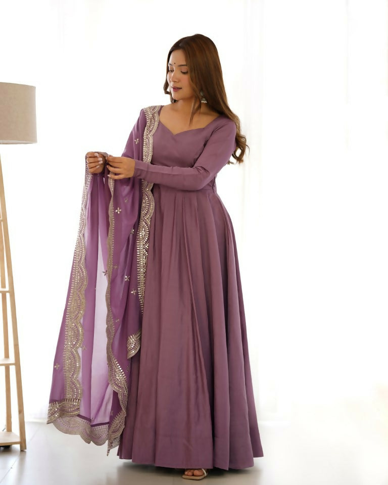 Teeya Creation Mauve Color Pure Roman Silk Chanderi Party Wear Fully Stitched Gown