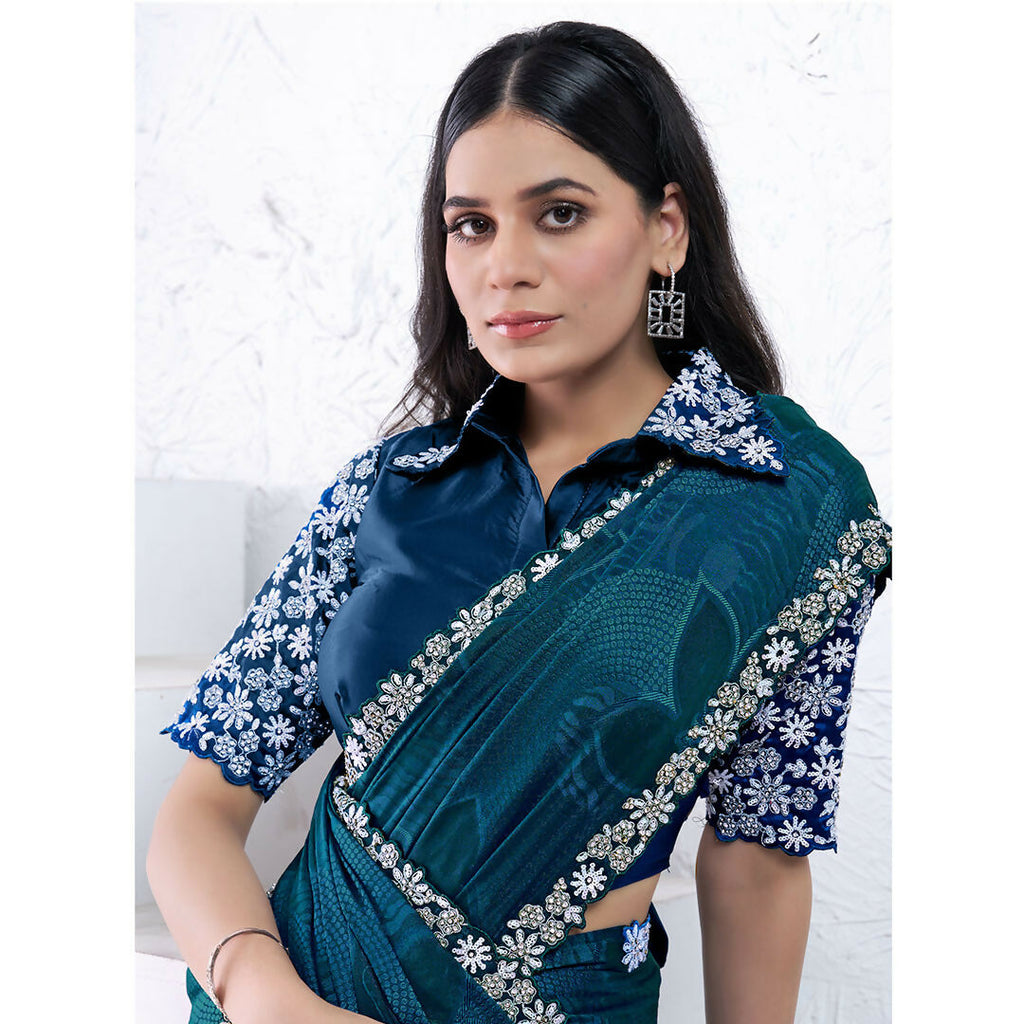 Teal Pattern Georgette Sequence With Hand Work Saree With Unstitched Blouse - Norita Swaraa