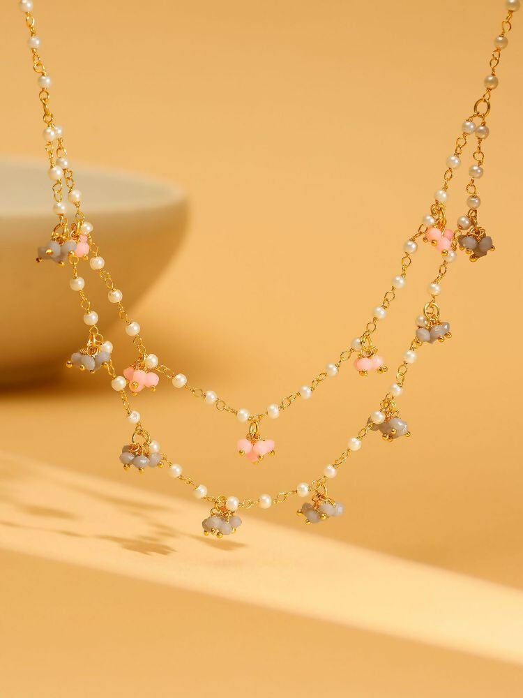 Beaded Pearl Necklace with Grey and Pink Colourful Motifs - Ruby Raang