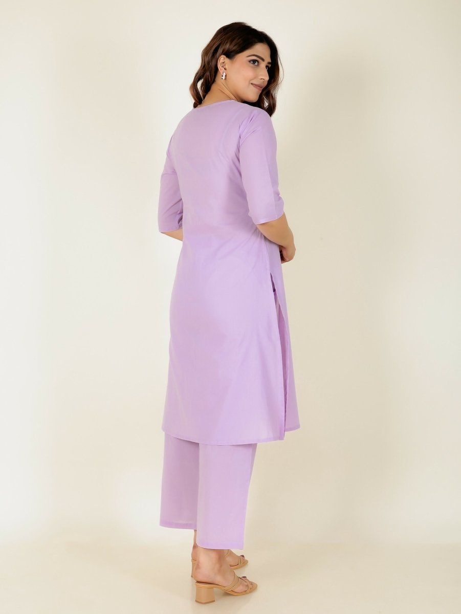 Aramya Pink Soft Cotton Solid Print A-line Kurta Pant Set for Women