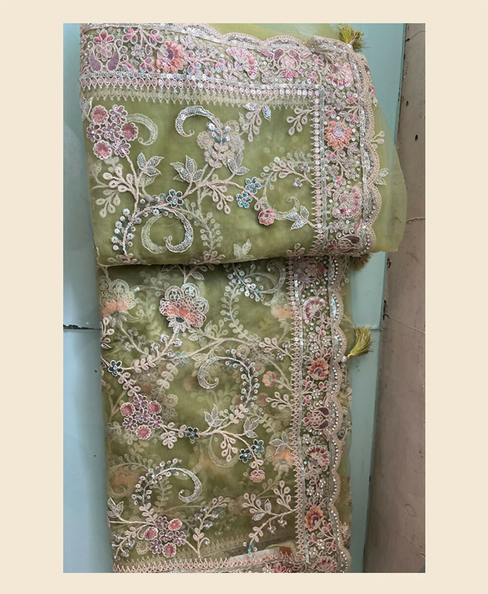 Green Net Sequence & Cord Embroidered Saree - Mohmanthan Dakshika