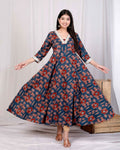 Miravan Women's Pure Cotton Blue Animal Printed Zari Lace Work Yoke Anarkali Kurta