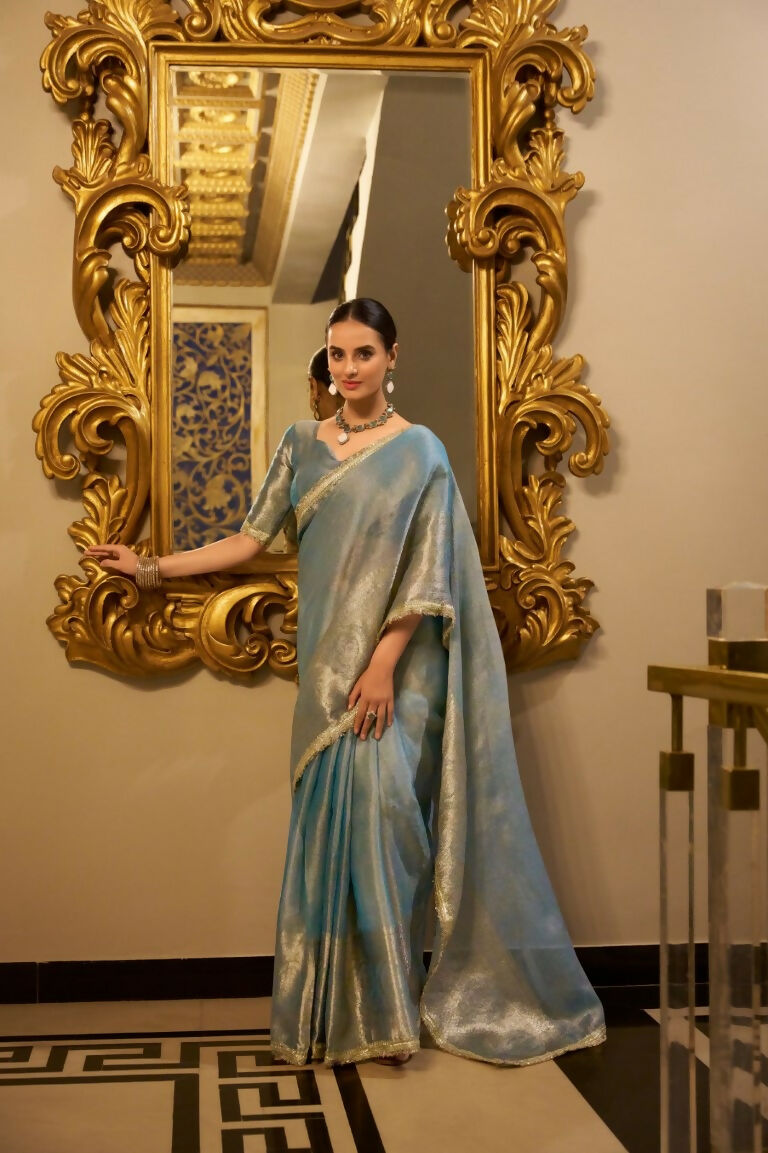 Vastranavya Sea Blue Tissue Shimmer Zari Weaving Work Saree with Unstitched Blouse